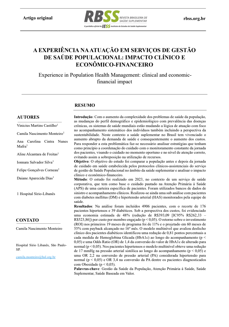 2025 | A experiência na atuação em serviços de gestão de saúde populacional: impacto clínico e econômico-financeiro